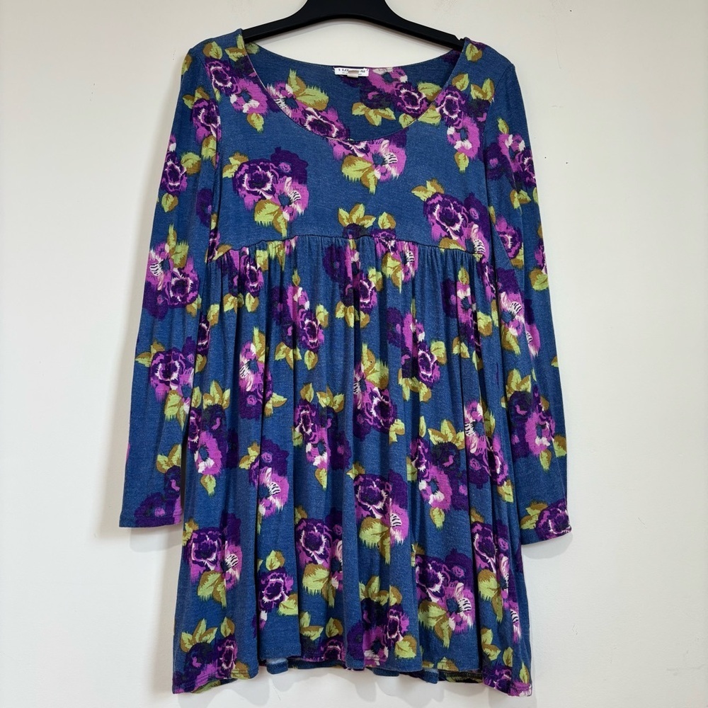 I love H81 Y2K wool viscose navy purple long sleeve pleated babydoll mini dress